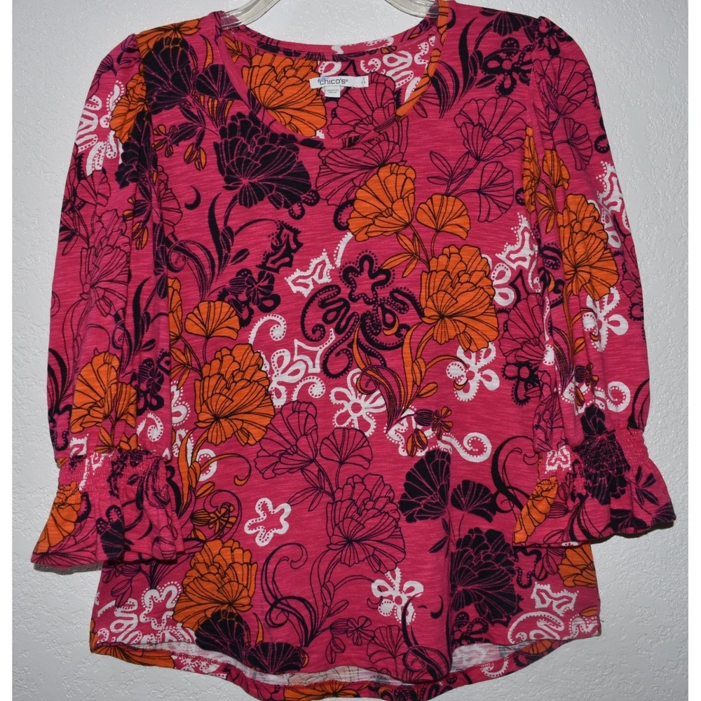 Chicos 2/LARGE Slub Knit Top Smocked Ruffle Cuff Floral Pink Orange Black